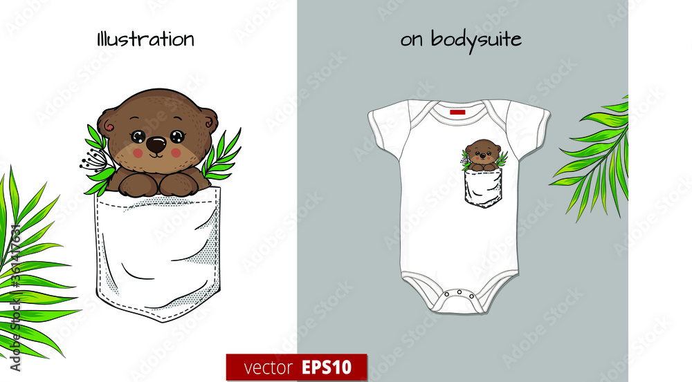 Cute cartoon little baby bear in pocket on bodysuit mockup. White