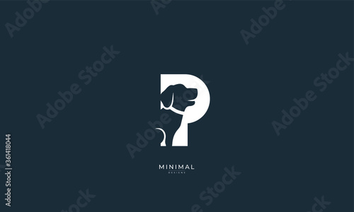 An abstract icon logo of a hidden dog in a letter P.
Pet letter logo. Hidden dog in a letter P