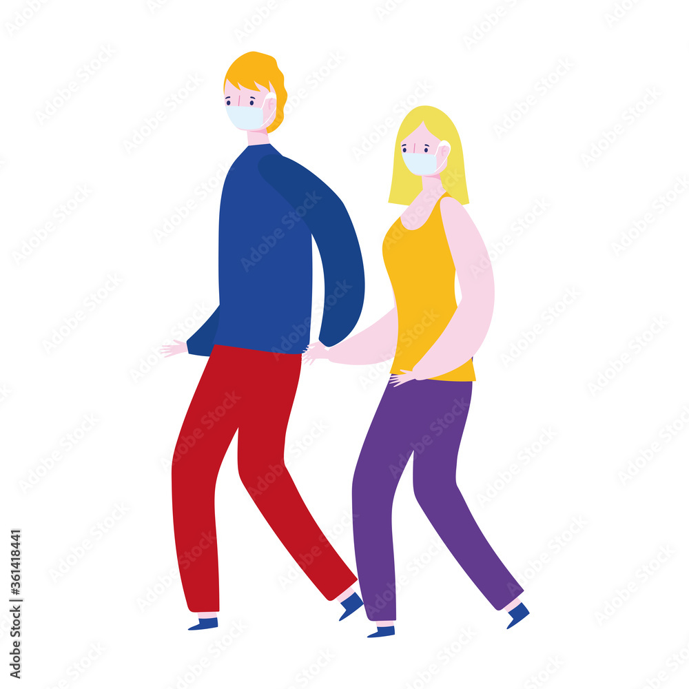 young couple with medical mask characters, covid 19 coronavirus pandemic, isolated icon design white background