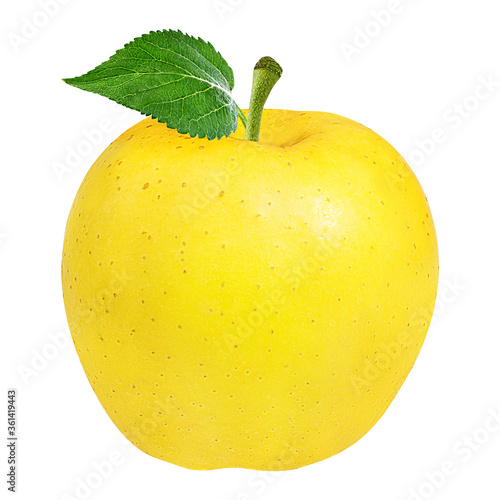 Yellow apple with leaf isolated on white background