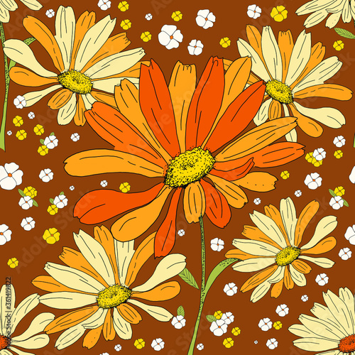 Seamless floral background of daisy field in vintage style.