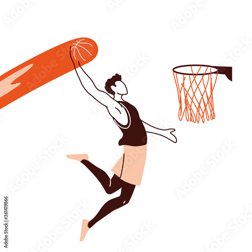 basketball player man with ball jumpign to basket hoop vector design