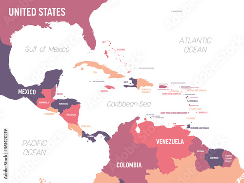 Central America map. High detailed political map Central American and Caribbean region with country, ocean and sea names labeling