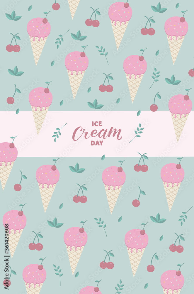Pattern with ice cream, cherries and lettering Ice cream day. Pattern with ice cream, cherries and lettering Ice cream day.