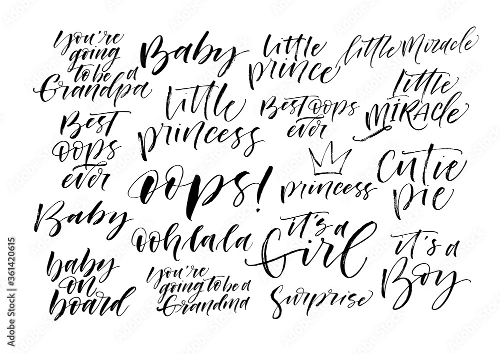 Naklejka premium Set of baby's phrases. Hand drawn brush style modern calligraphy. Vector illustration of handwritten lettering. 