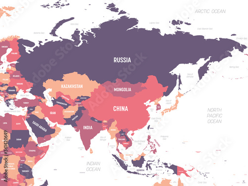 Asia. High detailed political map of asian continent with country, ocean and sea names labeling