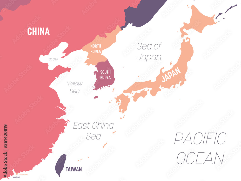 East Asia map. High detailed political map of eastern region with