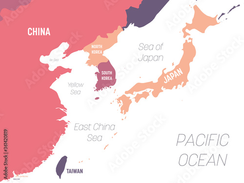 East Asia map. High detailed political map of eastern region with country, ocean and sea names labeling