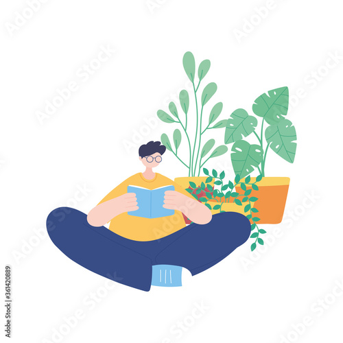 stay at home, boy with book and plants in pot, self isolation, activities in quarantine for coronavirus