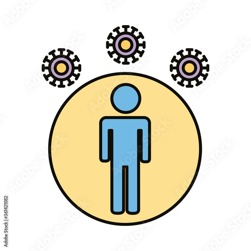 human figure with covid19 particles distance social line and fill style