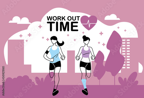 women avatars running and work out time vector design