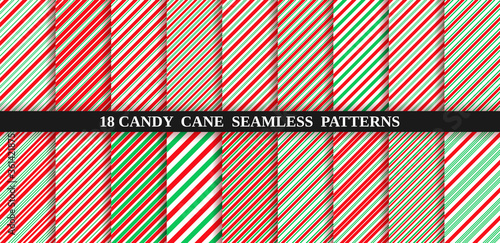 Candy cane stripe seamless pattern. Vector. Christmas candycane background. Red and green wrapping paper. Set of holiday textures. Peppermint caramel diagonal print. Classic winter illustration.