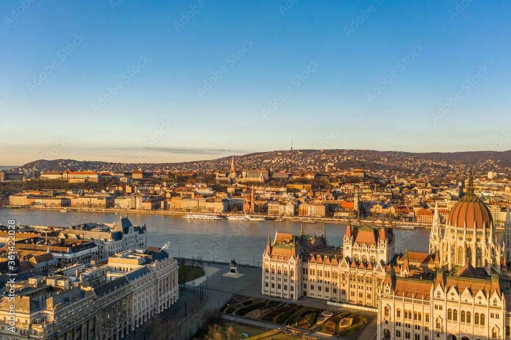 Aerial drone shot of Buda hill in Budapest sunrise morning glow