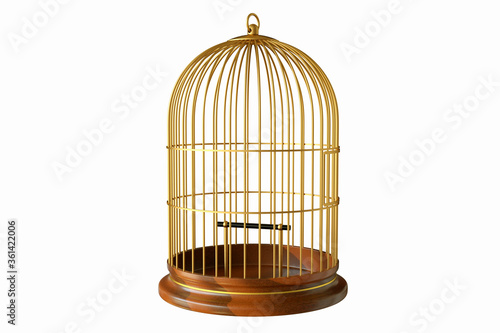 Tapeta Wooden base gold birdcage with close door isolated on white background