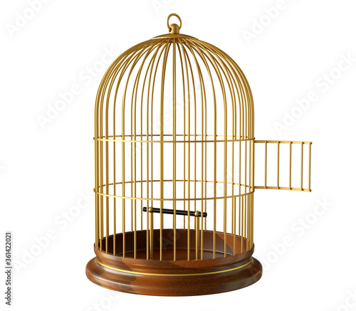 Foto Wooden base gold birdcage with open door isolated on white background