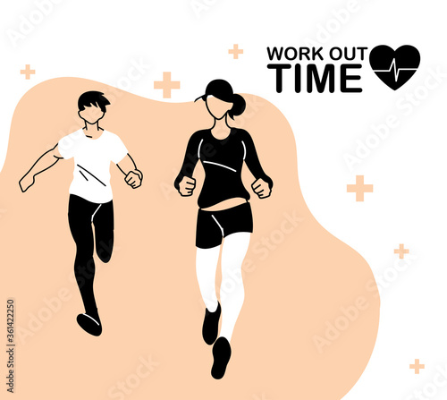 Man and woman avatar running and work out time vector design