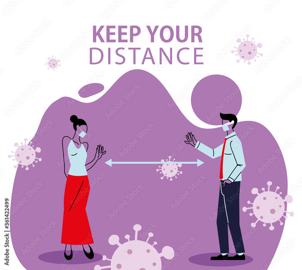 Fototapeta premium Social distancing between woman and man with masks vector design