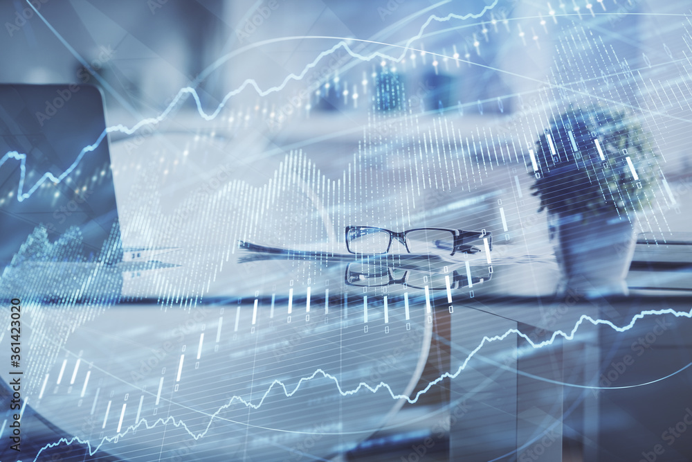 Double exposure of financial graph drawing and office interior background. Concept of stock market. Double exposure of financial graph drawing and office interior background. Concept of stock market.