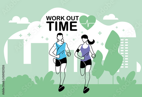 Man and woman avatar running and 10k city marathon vector design