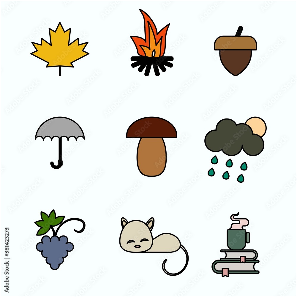 Naklejka premium Autumn set. Leaf, bonfire, acorn, umbrella, mushroom, rain grapes cat cup and tea