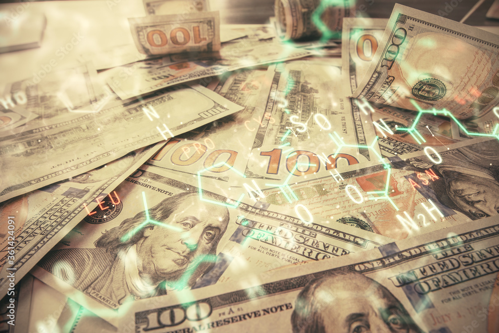 Double exposure of formula drawing over usa dollars bill background. Concept of education. Double exposure of formula drawing over usa dollars bill background. Concept of education.