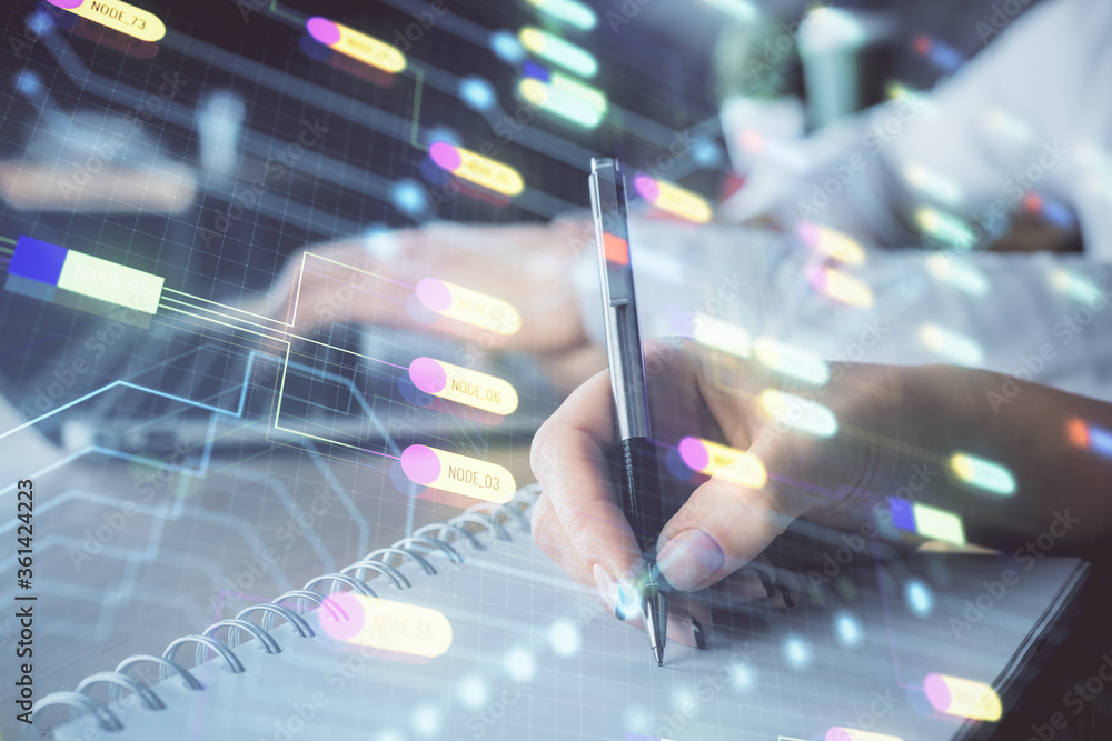 Double exposure of data theme sketch drawing over people writing background. Concept of technology Double exposure of data theme sketch drawing over people writing background. Concept of technology