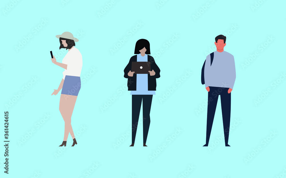 Fototapeta premium 3 characters, two women and a man, the young lady has a hat and the phone in her hand, another young lady holds the laptop in her hand, the man has a bag on his shoulder,vector,cartoon.