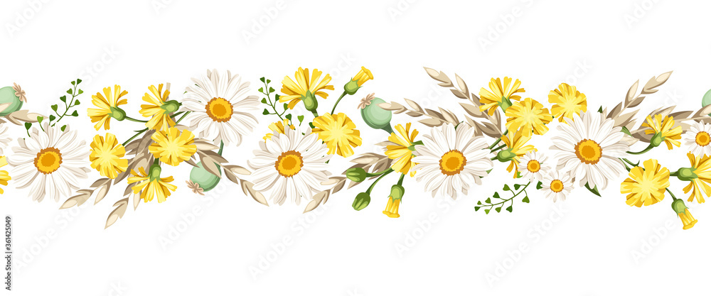 Vector horizontal seamless border with white daisies and yellow wild flowers and ears of wheat.  - obrazy, fototapety, plakaty 