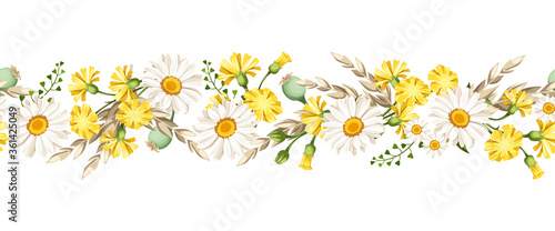 Vector horizontal seamless border with white daisies and yellow wild flowers and ears of wheat. 