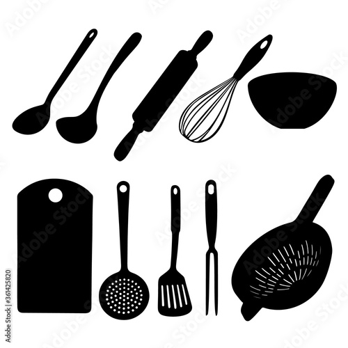 Colander, ladle, rolling pin, whisk, salad bowl, bowl, cutting Board, skimmer, kitchen spatula, fork for meat. Kitchen appliances. Vector image.