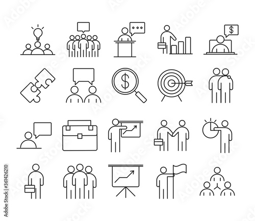 businesspeople financial money business management developing successful icons set line style