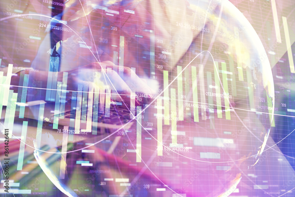 Fototapeta premium Multi exposure of woman hands typing on computer and business theme hologram drawing. Success concept.