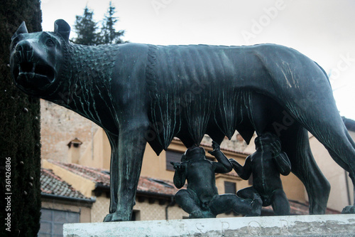 Segovia  Castile and Le  n  Spain - Jan 2011 One of the most iconic sculptures of the Loba Capitolina sits in front of the aqueduct 