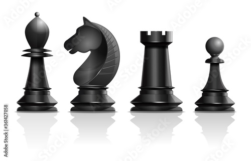 Black chess pieces bishop, knight, rook, pawn. Set of chess pieces. Chess concept design. Realistic vector illustration isolated on white