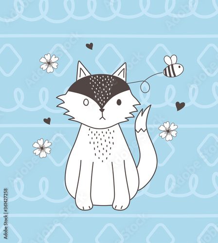 cute animals sketch wildlife cartoon adorable fox sitting flying bee flowers love hearts