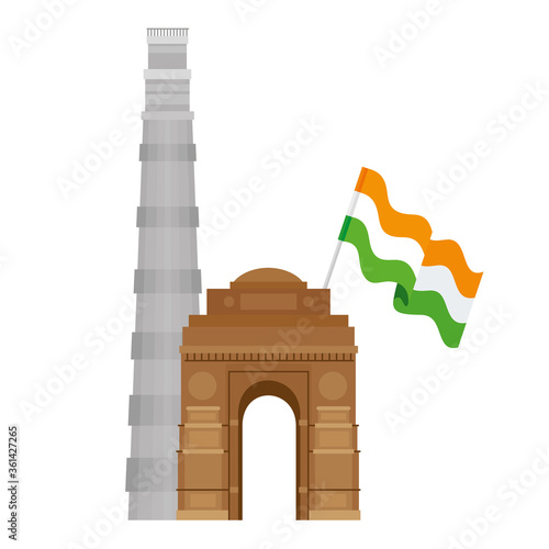 india gate with the qutub minar famous monuments and flag of india