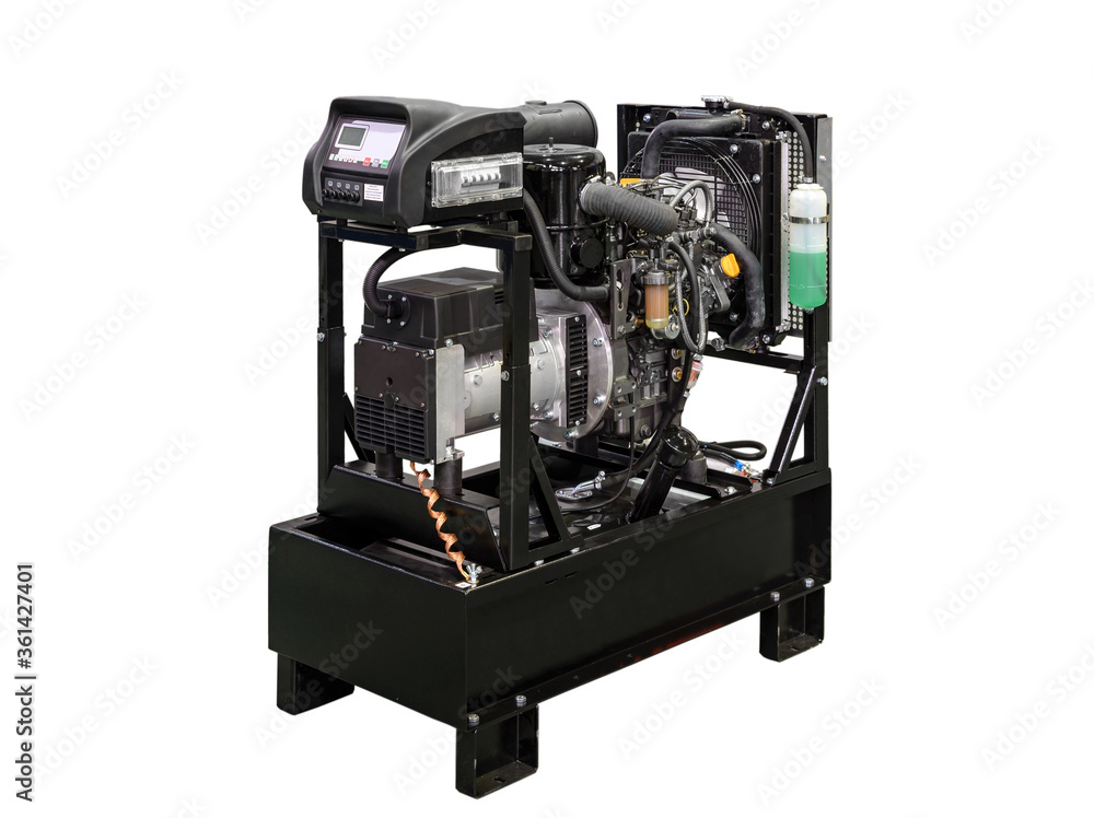 A mobile, portable diesel or gasoline generator with electronic remote control cut out on a white background.