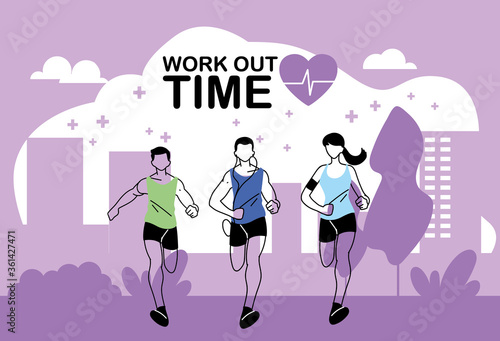 Woman and men running and work out time vector design