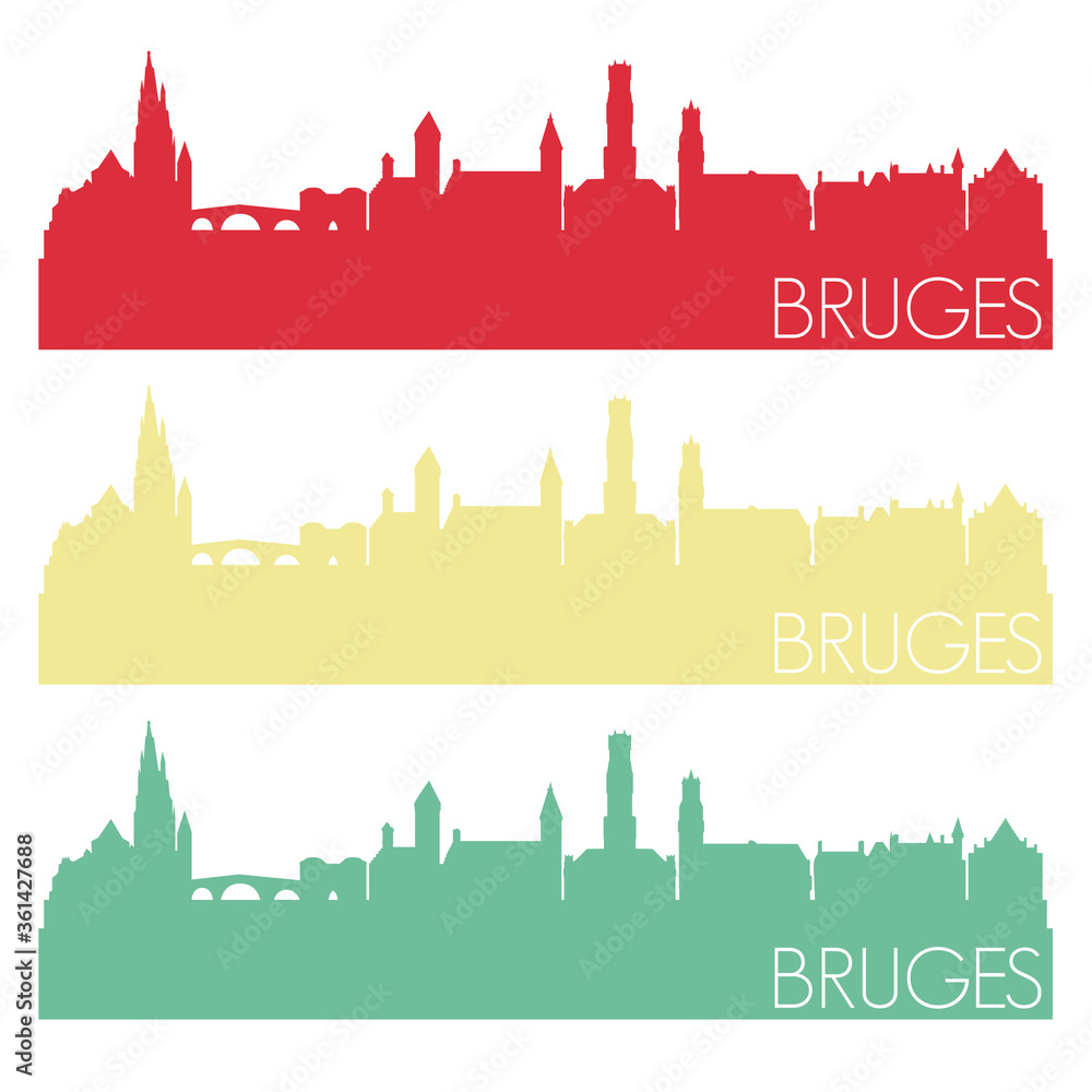 Bruges Skyline Silhouette City Famous Vector Vintage Color Set Design.