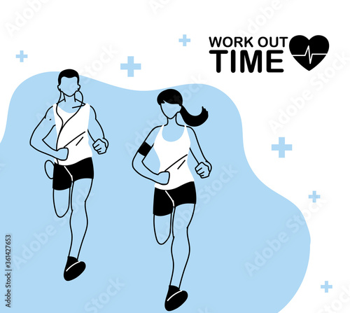 Man and woman avatar running and work out time vector design