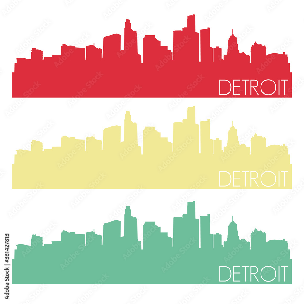 Detroit Skyline Silhouette City Stamp Vector Color Vintage Set.