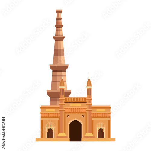 gateway with qutub minar, famous monuments of india on white background