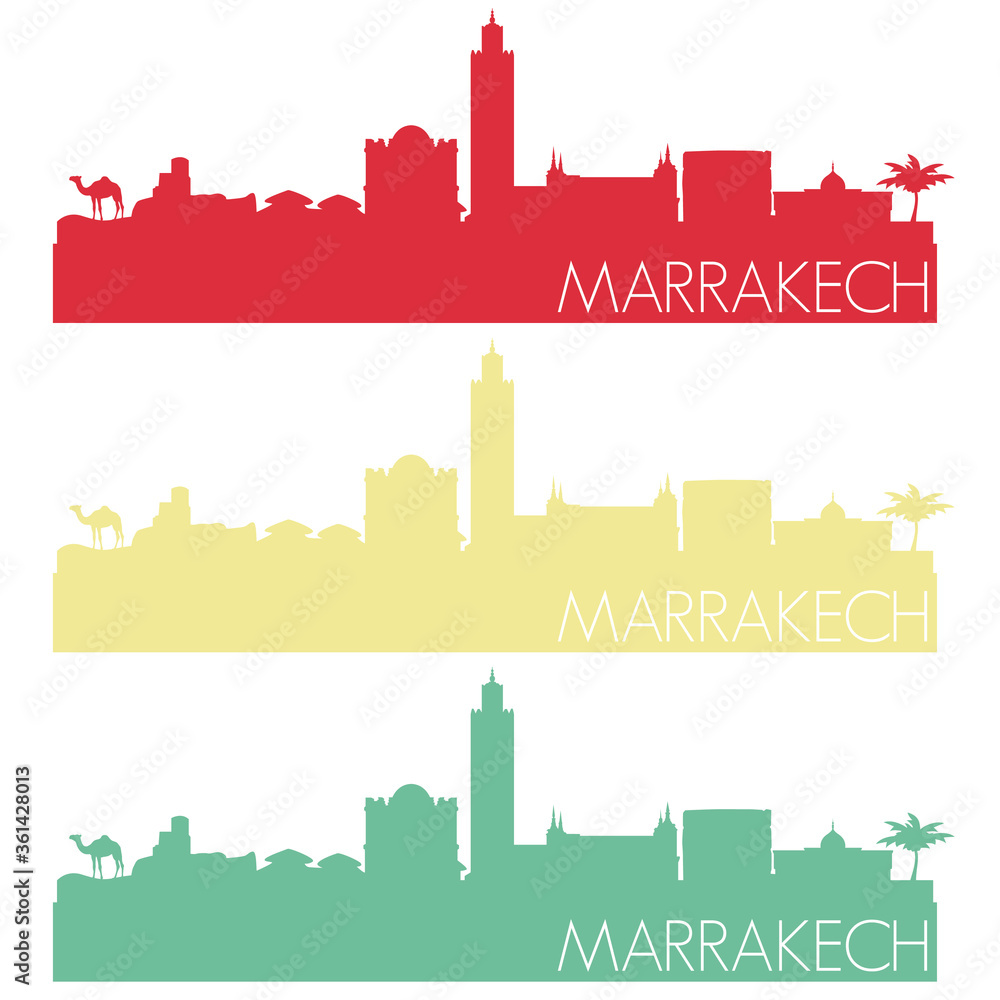 Marrakech Skyline Silhouette City Famous Vector Vintage Color Set Design.