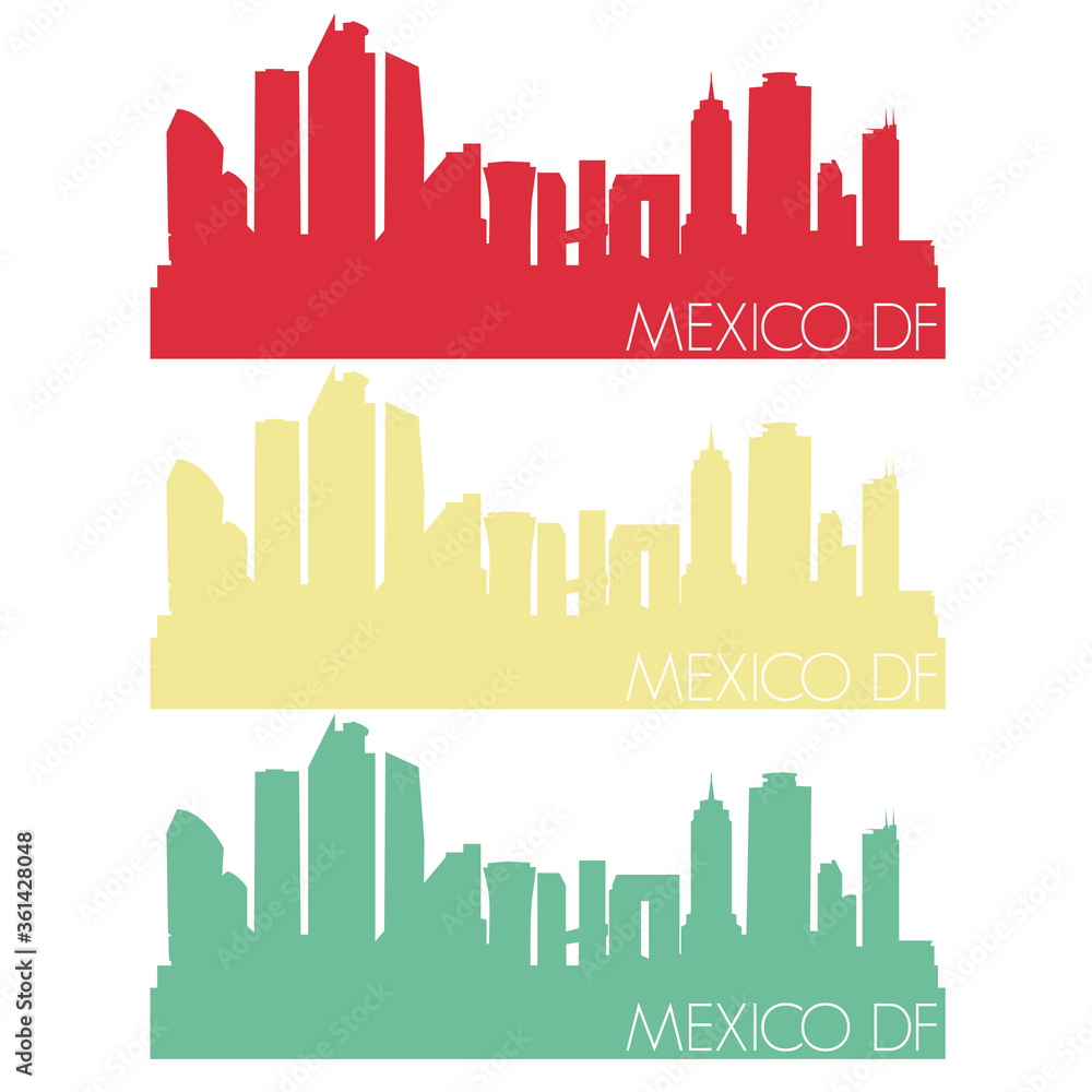 Mexico DF America Flat Icon Skyline Vector Silhouette Design Set.