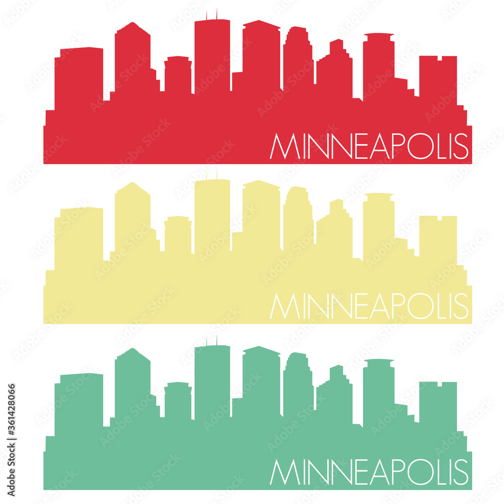 Minneapolis Chicago Skyline Silhouette City Stamp Vector Color Vintage Set.