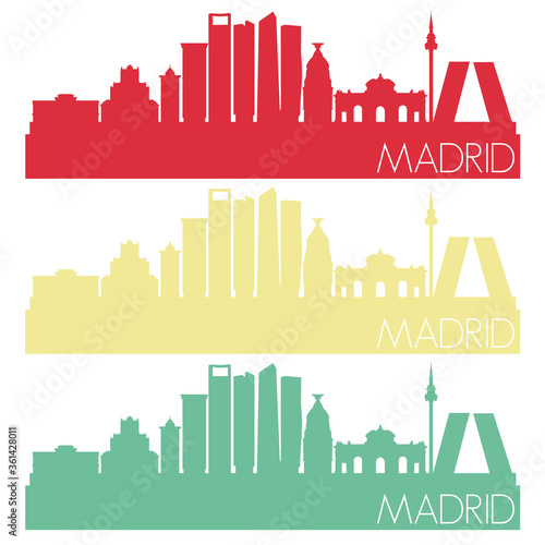 Madrid Skyline Silhouette City Stamp Vector Color Vintage Set.