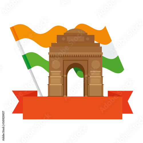 india gate, famous monument with flag of india and ribbon