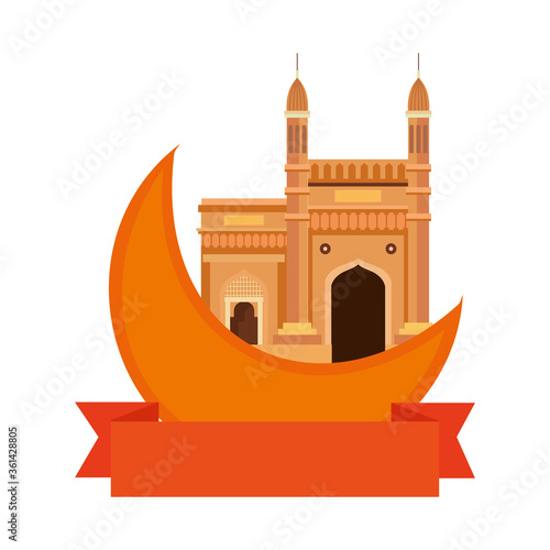 gateway, famous monument of india with moon and ribbon