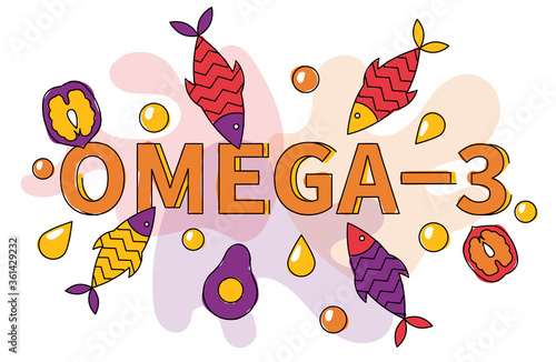 Flat vector illustration of fish, seafood, fatty acids oil, avocado, walnut. Omega 3 sources banner concept.