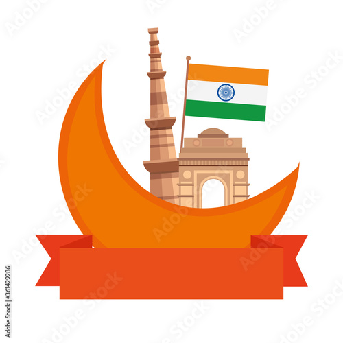 india gate with the qutub minar famous monuments and flag of india